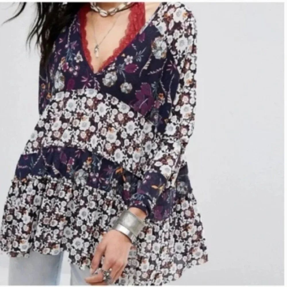 Free People Women's Isabella Floral Tunic Top Multicolor Sheer Blouse Size M